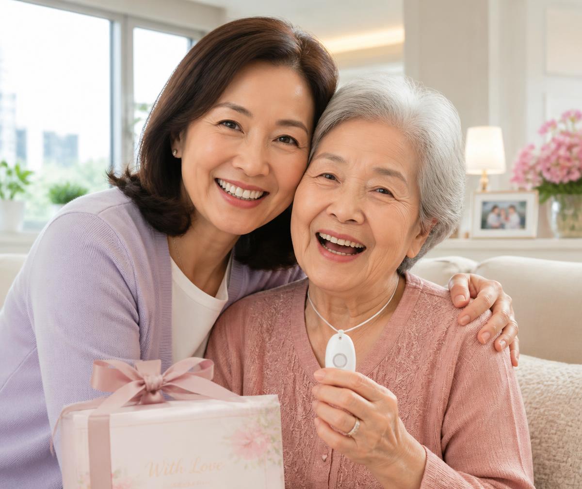 Daughter giving her mother an EasiLink personal alarm as a gift